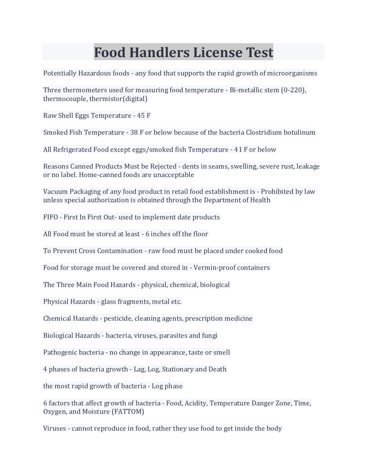 Preview image for Food Handlers License Test question well solved!